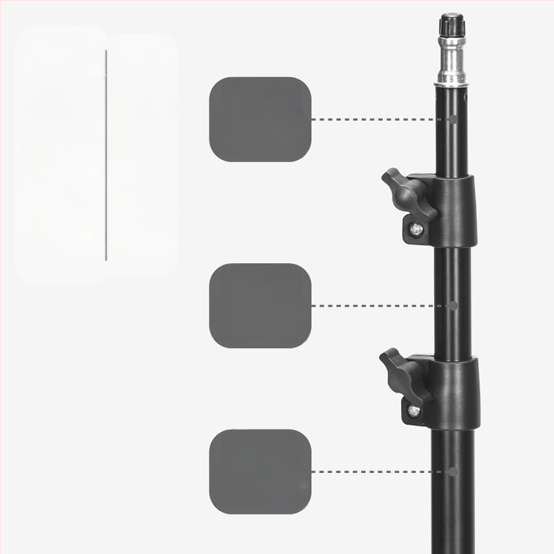 Στήριγμα Φωτογραφίας για Ζωντανή Μετάδοση – Επιδαπέδιο Τρίποδας με Ενισχυμένο Φωτιστικό Στήριγμα; Υλικό: Σιδερένιος σωλήνας + ABS; Φορτίο: 2–5 kg; Ύψος: 68–210 cm; Διαμέτρων σωλήνων: 22/19/16 mm; 3 τμήματα