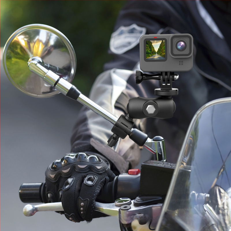 Baza za retrovizor motocikla s nosačem za telefon i akcijsku kameru | Materijal: najlon + vlakna | Model: GP377A-L/GP377B-L | Kompatibilno s GoPro, Insta360, DJI, Xiaoyi | Moguć ispis logotipa