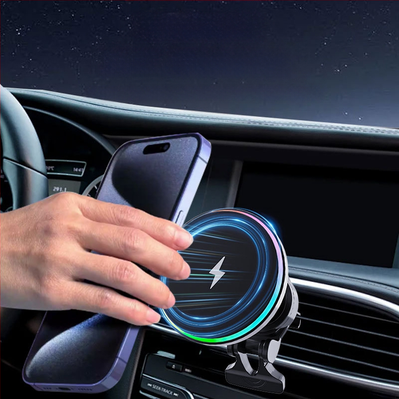 MagSafe auto bezvadu uzlāde ar riņķveida RGB apgaismojumu – 15W, QC3.0, magnētiskā uzlāde iPhone