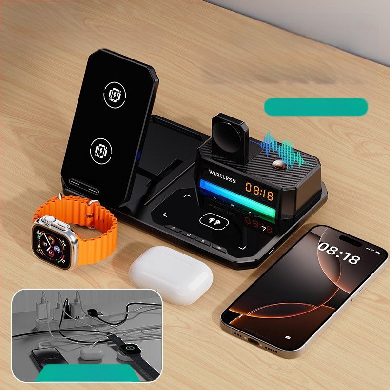 Šeši viename belaidė įkroviklis su sulankstomu telefono laikikliu, stalinis naktinis apšvietimas, laikrodis ir garsiakalbis – 15W telefonui, 5W ausinėms, 2,5W laikrodžiui