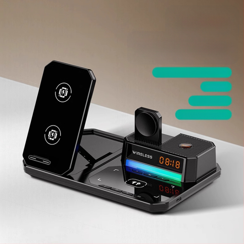 Šeši viename belaidė įkroviklis su sulankstomu telefono laikikliu, stalinis naktinis apšvietimas, laikrodis ir garsiakalbis – 15W telefonui, 5W ausinėms, 2,5W laikrodžiui