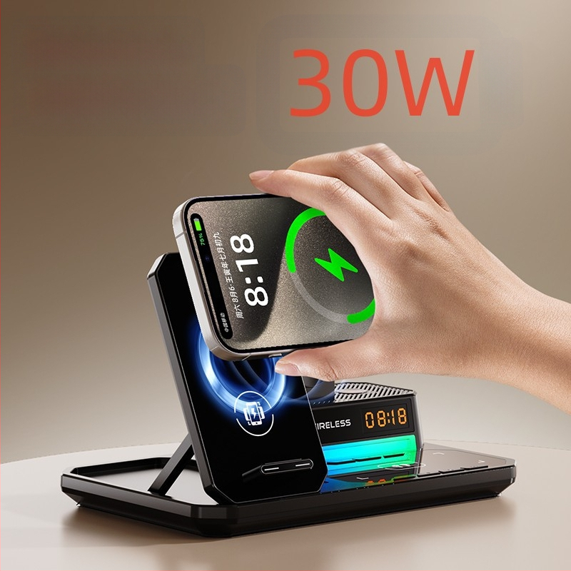 Šeši viename belaidė įkroviklis su sulankstomu telefono laikikliu, stalinis naktinis apšvietimas, laikrodis ir garsiakalbis – 15W telefonui, 5W ausinėms, 2,5W laikrodžiui