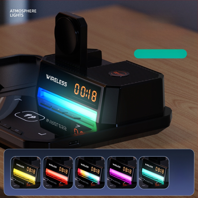 Šeši viename belaidė įkroviklis su sulankstomu telefono laikikliu, stalinis naktinis apšvietimas, laikrodis ir garsiakalbis – 15W telefonui, 5W ausinėms, 2,5W laikrodžiui