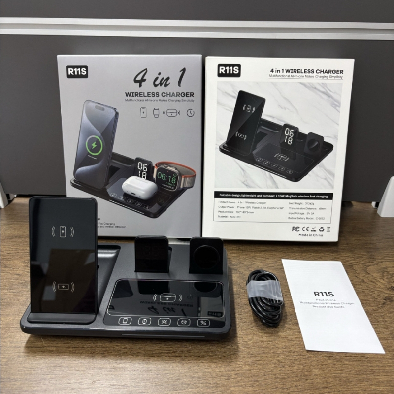 Šeši viename belaidė įkroviklis su sulankstomu telefono laikikliu, stalinis naktinis apšvietimas, laikrodis ir garsiakalbis – 15W telefonui, 5W ausinėms, 2,5W laikrodžiui