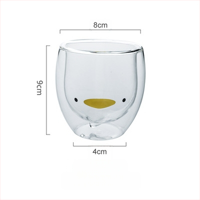 Чаша от боросиликатно стъкло с двоен слой, дизайн с карикатурно мече и пате, без дръжка, за горещи напитки