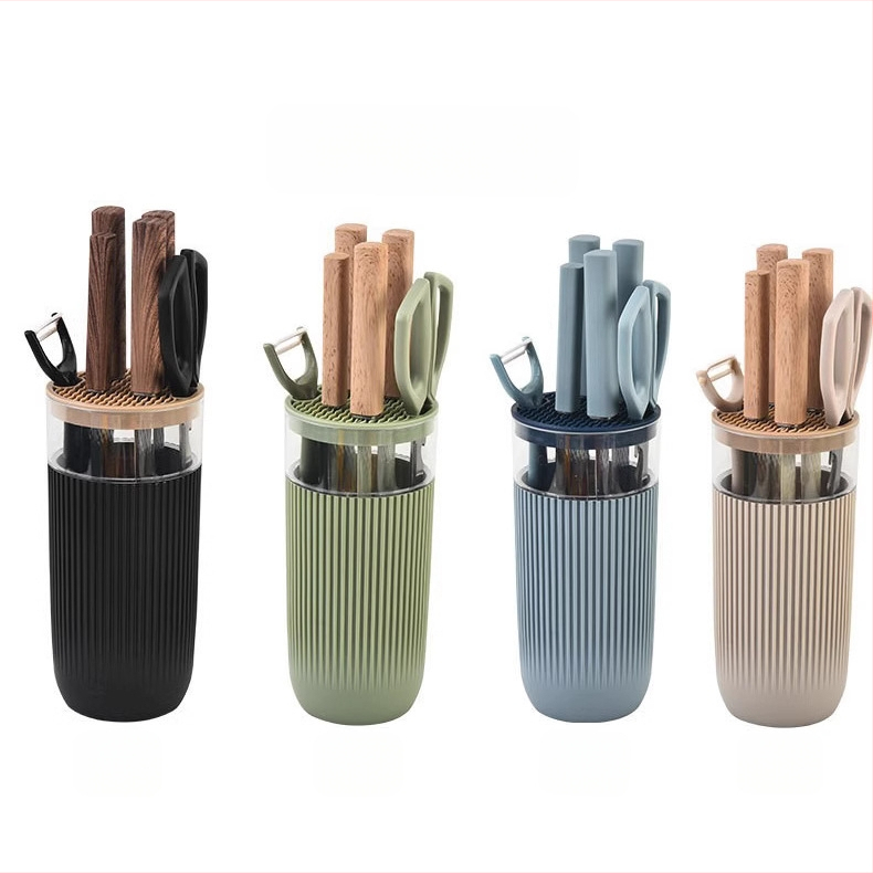 Septynių peilių rinkinys iš nerūdijančio plieno 3Cr13 su cilindriniu laikikliu – virtuvės peiliai ir žirklės