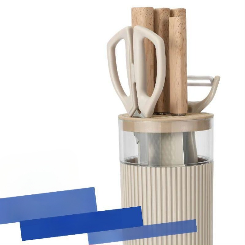 Septynių peilių rinkinys iš nerūdijančio plieno 3Cr13 su cilindriniu laikikliu – virtuvės peiliai ir žirklės