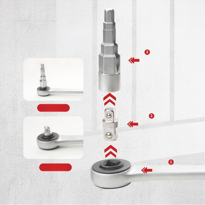 Трещотков ключ с пагодова връзка, стъпкови глави и четириглав квадратна глава за демонтаж на клапан
