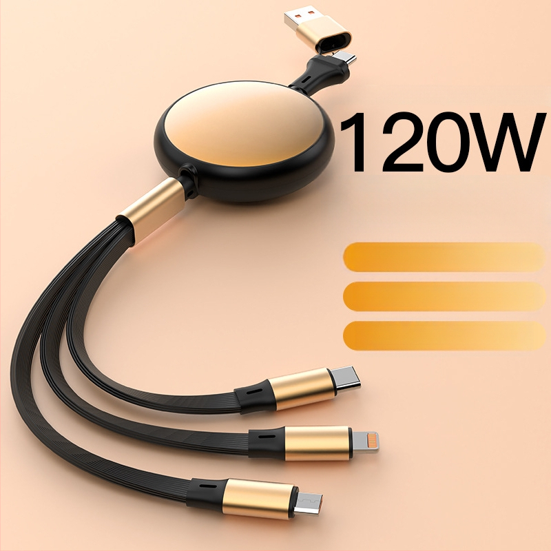 Rozťažný hliníkový kruhový kábel 5 v 1 pre nabíjanie a prenos dát, s rozhraniami Lightning a USB-C, max. 120W, dve až tri vetvy