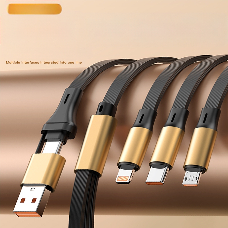 Rozťažný hliníkový kruhový kábel 5 v 1 pre nabíjanie a prenos dát, s rozhraniami Lightning a USB-C, max. 120W, dve až tri vetvy