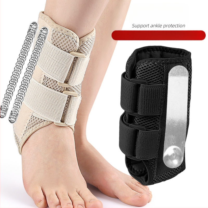 Sportos boka támasz Velcro pánttal és elasztikus lábvédővel — bokavédő badmintonhoz; anyagok: poliészter, hab, alumínium lemez, rugócsík