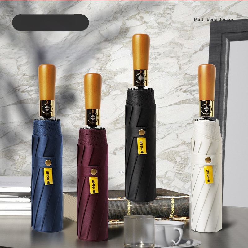 Umbrelă automată cu mâner din lemn, 12 spițe, rezistentă la vânt, protecție UV UPF 40+, imprimare logo disponibil