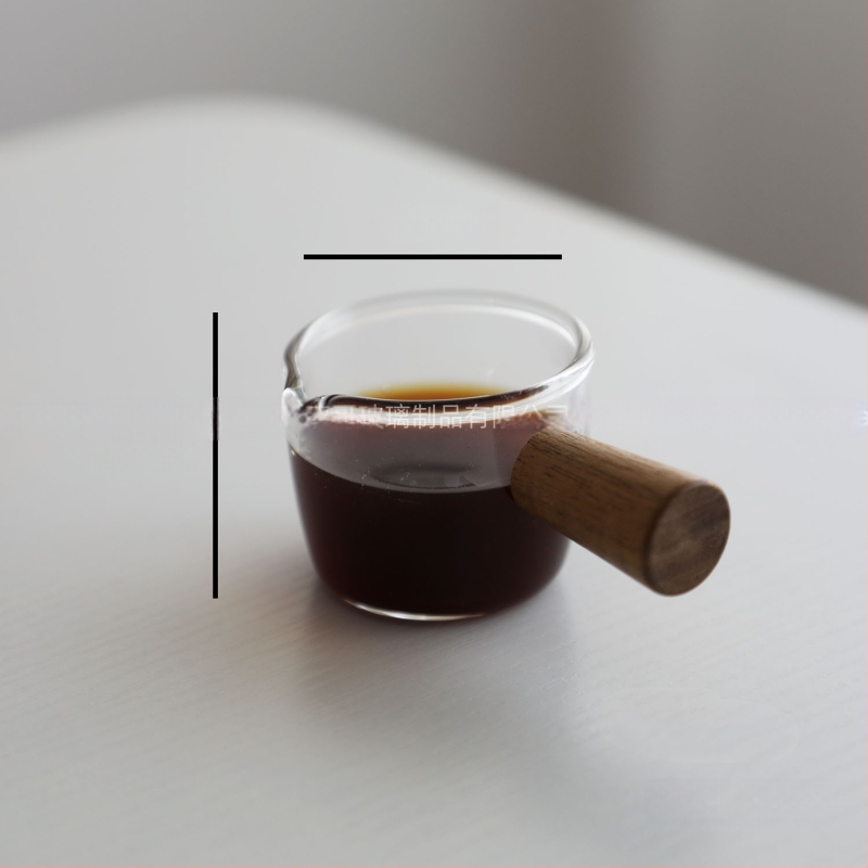 Φλυτζάνι εσπρέσο με γυάλινο σώμα και κλίμακα μέτρησης, ξύλινο χερούλι – μοντέρνο απλό στυλ καφέ φλιτζάνι με εκτυπωμένο λογότυπο