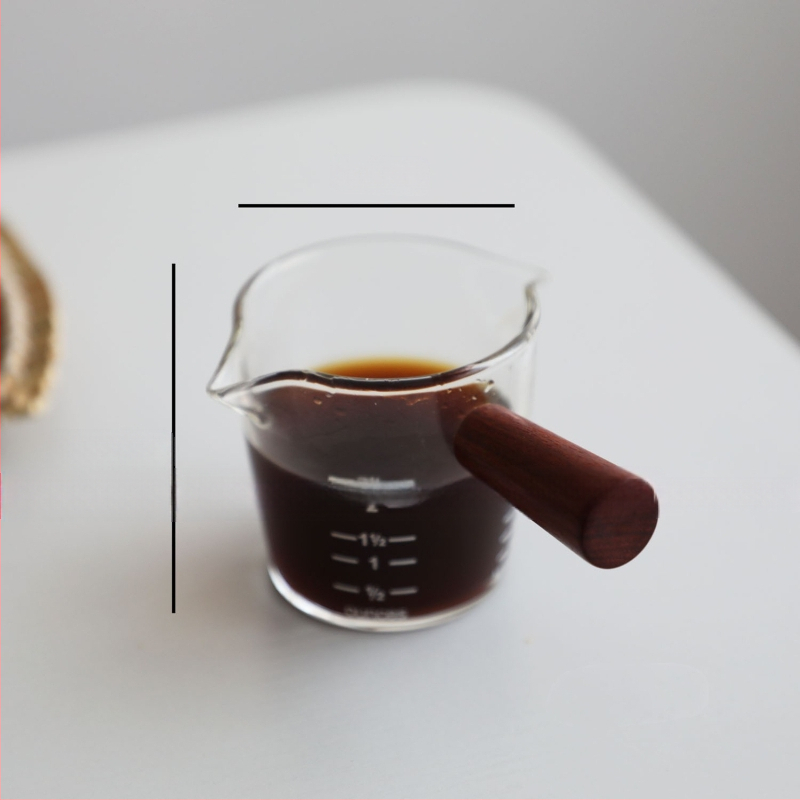 Φλυτζάνι εσπρέσο με γυάλινο σώμα και κλίμακα μέτρησης, ξύλινο χερούλι – μοντέρνο απλό στυλ καφέ φλιτζάνι με εκτυπωμένο λογότυπο