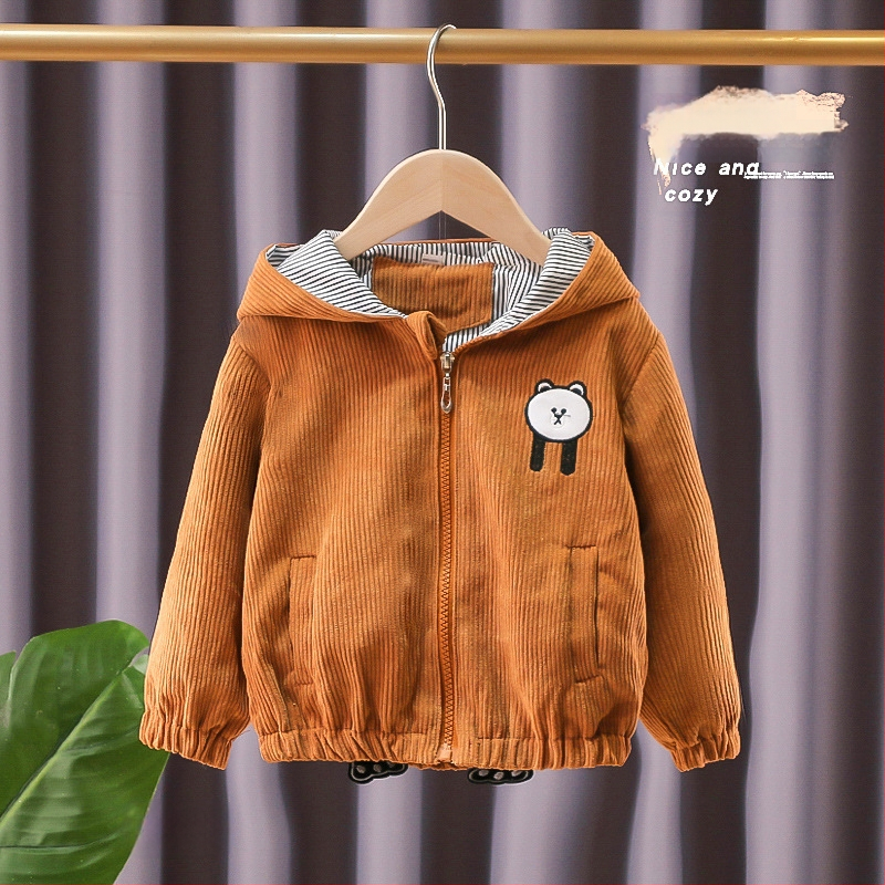 Unisex dječja jakna od korduroja s izvezene medvjedić, kapuljača, jesen 2024