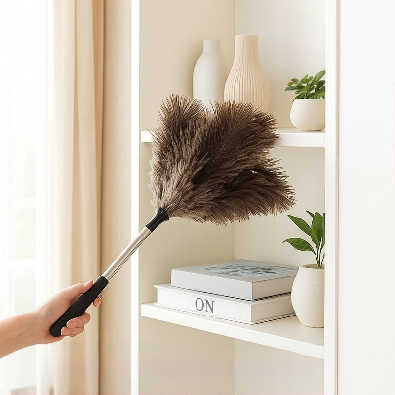 Četka za prašinu s perju strutsa, plosna glava, teleskopska cijev od nehrđajućeg čelika i drvena drška