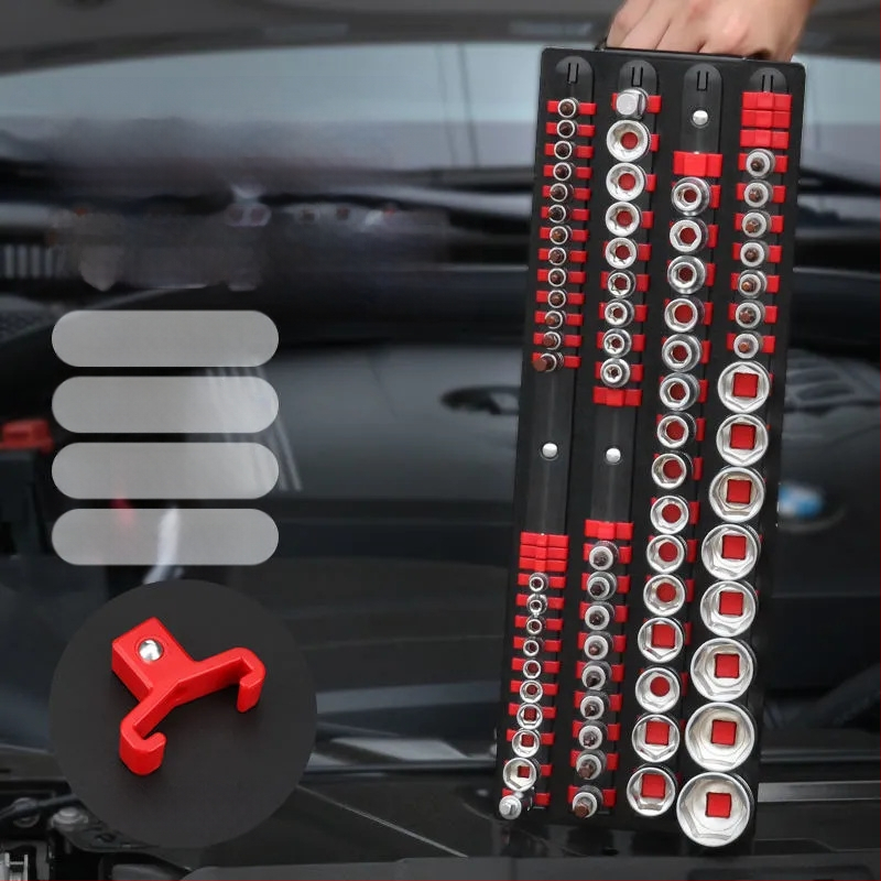 Органайзер за торцеви гнезда и битове – сплавна стомана; предназначение: съхранение на торцеви гнезда; тип: рафт/органайзер за гнезда