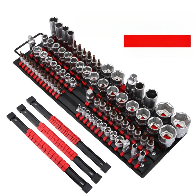 Органайзер за торцеви гнезда и битове – сплавна стомана; предназначение: съхранение на торцеви гнезда; тип: рафт/органайзер за гнезда