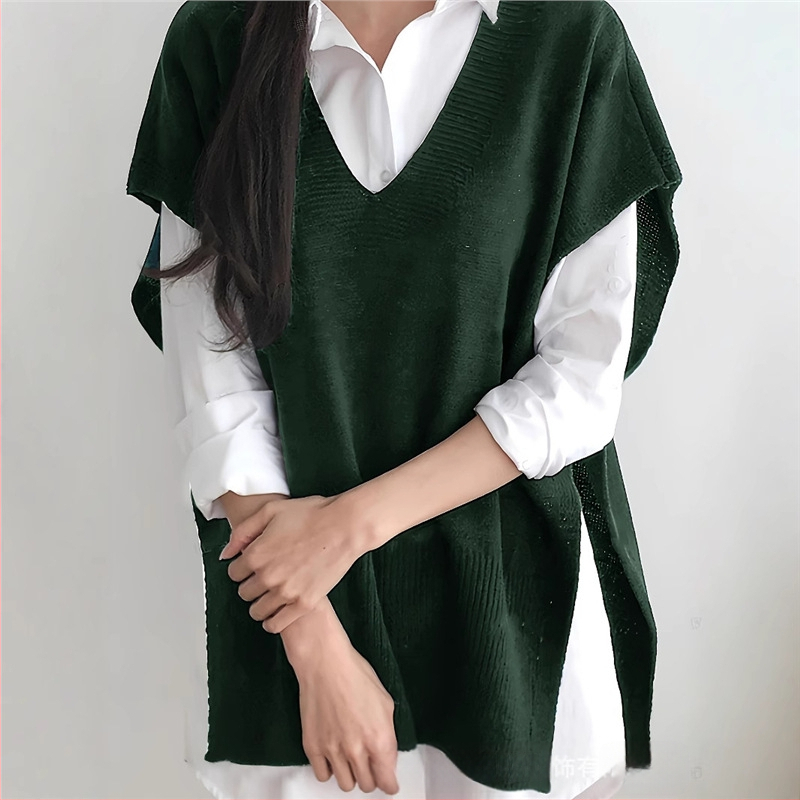 Γυναικείο αμάνικο πλεκτό γιλέκο με V-λαιμό, χαλαρή γραμμή, ύφασμα από ακρυλικό, φθινοπωρινό 2025, casual πλεκτή ενδυματο