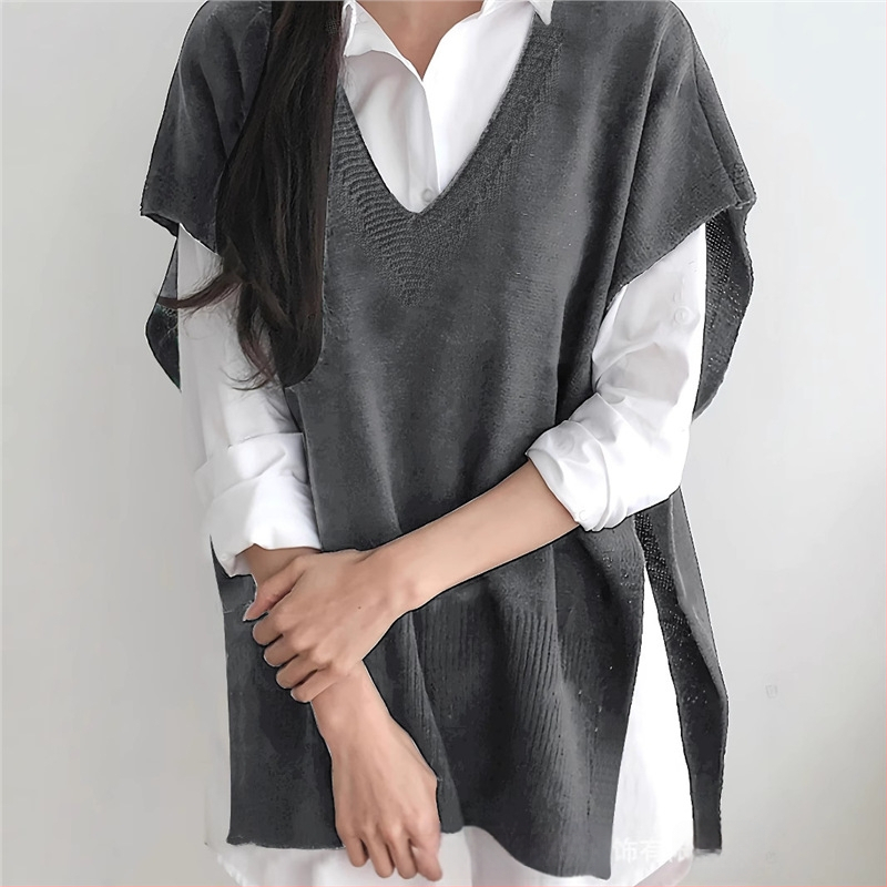 Γυναικείο αμάνικο πλεκτό γιλέκο με V-λαιμό, χαλαρή γραμμή, ύφασμα από ακρυλικό, φθινοπωρινό 2025, casual πλεκτή ενδυματο