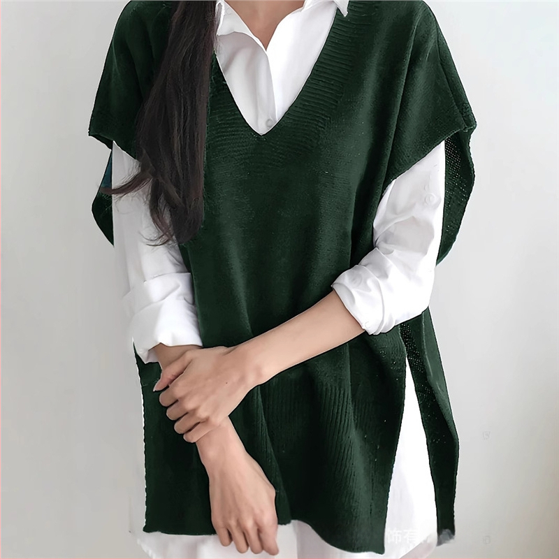 Γυναικείο αμάνικο πλεκτό γιλέκο με V-λαιμό, χαλαρή γραμμή, ύφασμα από ακρυλικό, φθινοπωρινό 2025, casual πλεκτή ενδυματο