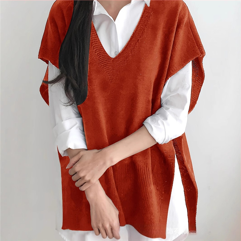 Γυναικείο αμάνικο πλεκτό γιλέκο με V-λαιμό, χαλαρή γραμμή, ύφασμα από ακρυλικό, φθινοπωρινό 2025, casual πλεκτή ενδυματο