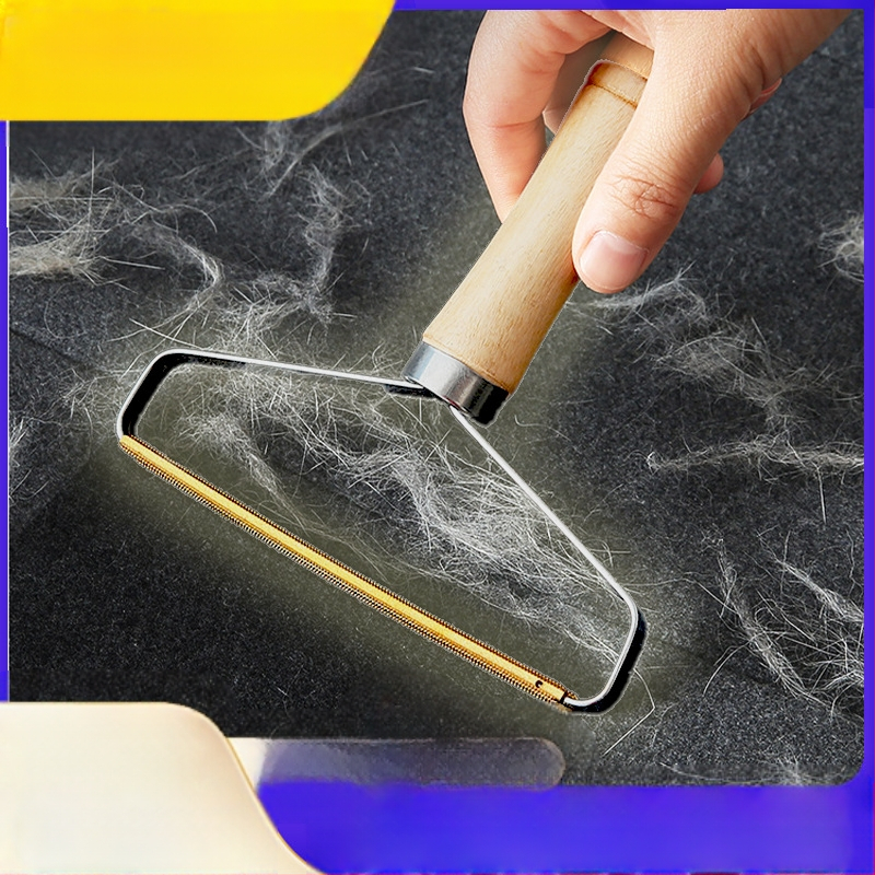 Ръчен премахвач на власинки за палта със дървена дръжка — двойно-страничен премахвач за дрехи, метална глава