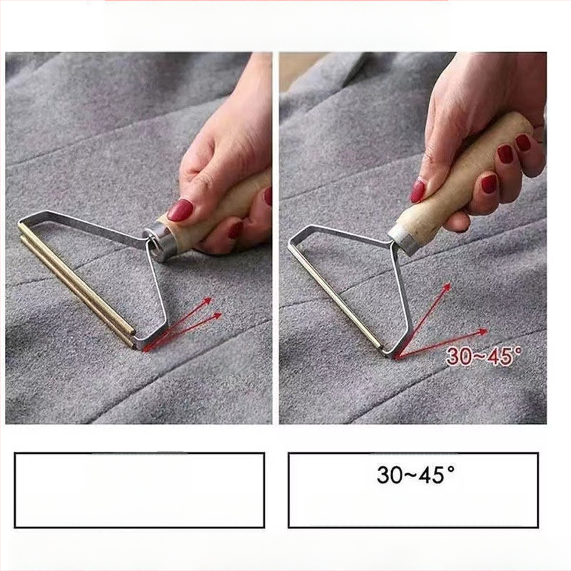 Ръчен премахвач на власинки за палта със дървена дръжка — двойно-страничен премахвач за дрехи, метална глава