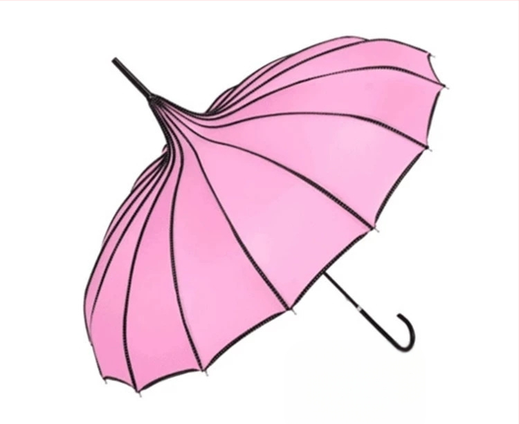 Pagodos stiliaus skėtis, plieninis rėmas su 16 šonkaulių, ilga tiesi lazda, rankinis atidarymas-uždarymas, 190T audinys