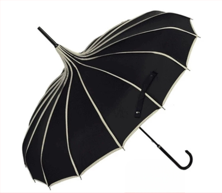 Pagodos stiliaus skėtis, plieninis rėmas su 16 šonkaulių, ilga tiesi lazda, rankinis atidarymas-uždarymas, 190T audinys