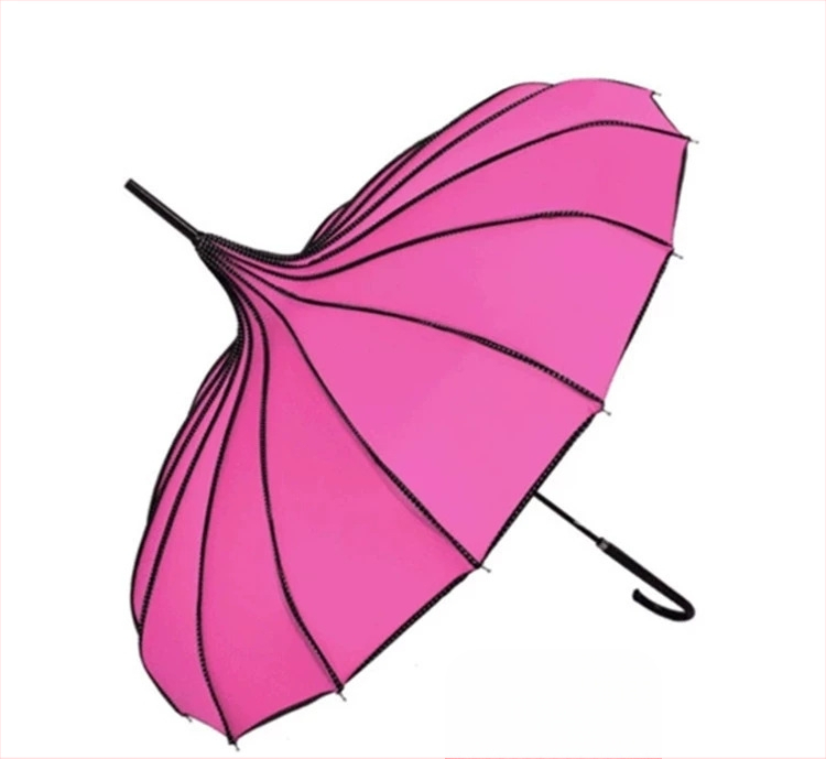 Pagodos stiliaus skėtis, plieninis rėmas su 16 šonkaulių, ilga tiesi lazda, rankinis atidarymas-uždarymas, 190T audinys