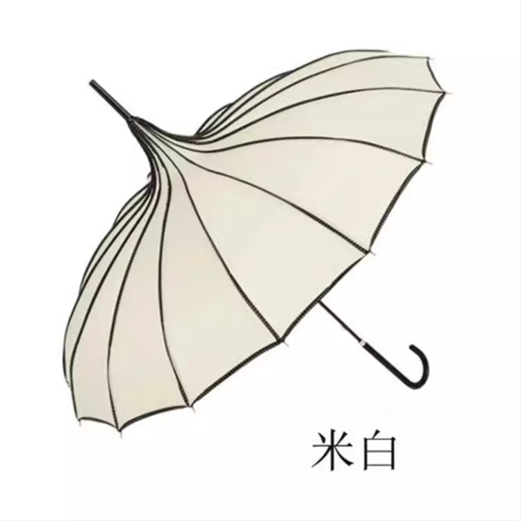 Pagodos stiliaus skėtis, plieninis rėmas su 16 šonkaulių, ilga tiesi lazda, rankinis atidarymas-uždarymas, 190T audinys