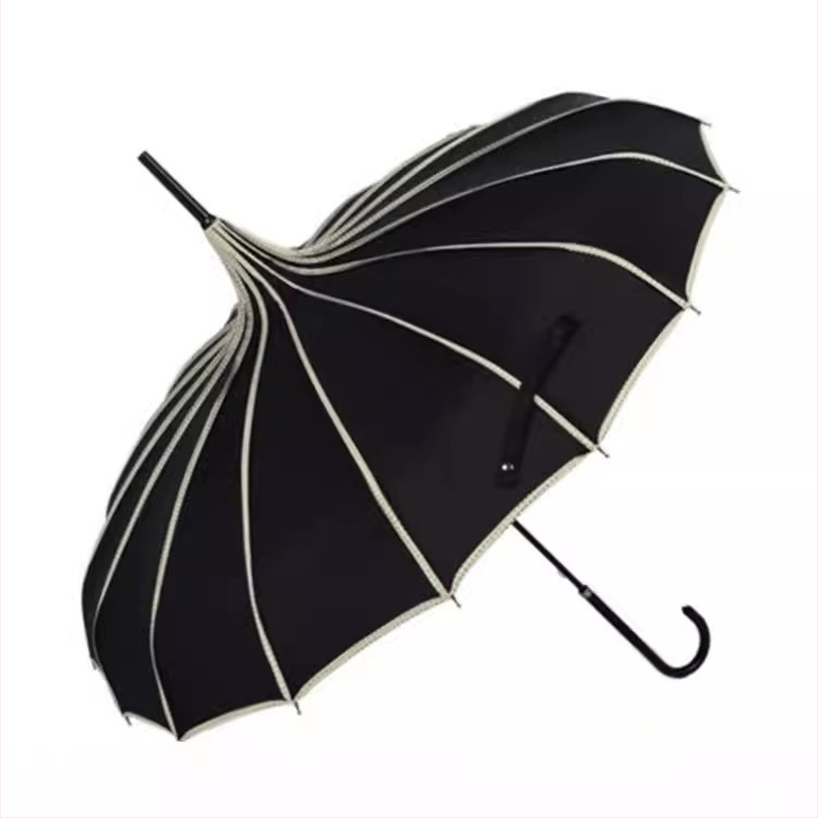 Pagodos stiliaus skėtis, plieninis rėmas su 16 šonkaulių, ilga tiesi lazda, rankinis atidarymas-uždarymas, 190T audinys