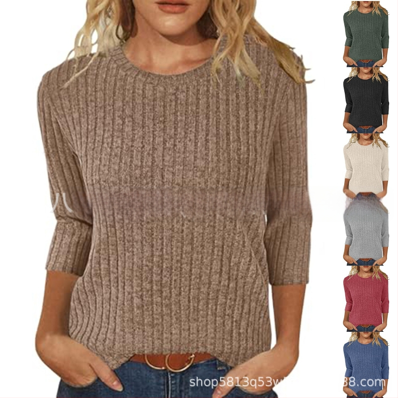 Moterų marškinėliai su apvaliu kaklu, 3/4 rankovės, vientisas, šveistas paviršius, laisvas kirpimas