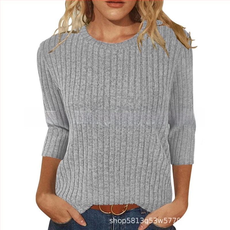 Moterų marškinėliai su apvaliu kaklu, 3/4 rankovės, vientisas, šveistas paviršius, laisvas kirpimas