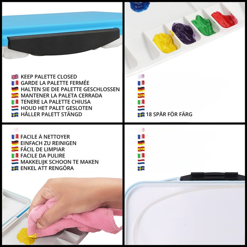 18 skylių akvarelės paletės dėžutė, daugiafunkcinė, su sandarinimo žiedu ir atverčiamu dangteliu, lengvai valoma