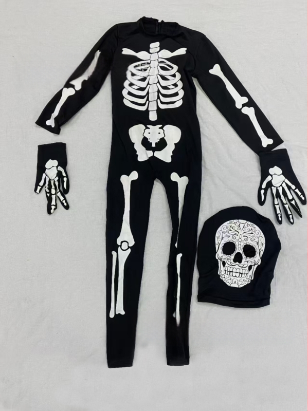 Костюм призрак-скелет за Хелоуин, унисекс, сценично облекло, полиестер, за деца до 17 години