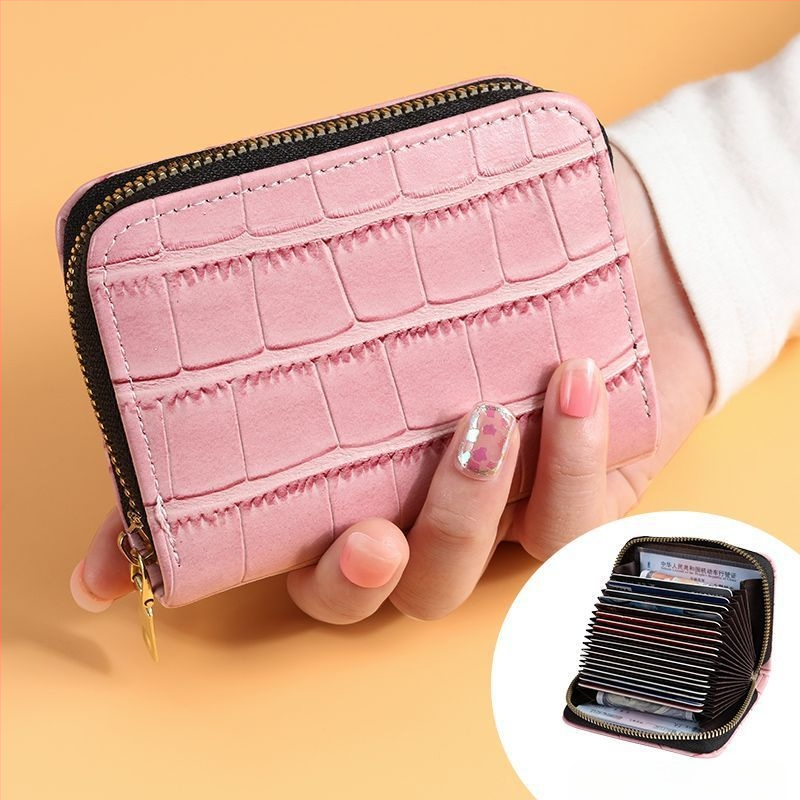 Moteriškas kortelių dėklas su užtrauktuku - PU oda, raidžių raštas, keli kortelių skyreliai, didelis talpa, 2023 m. vasara, kasdieniam naudojimui