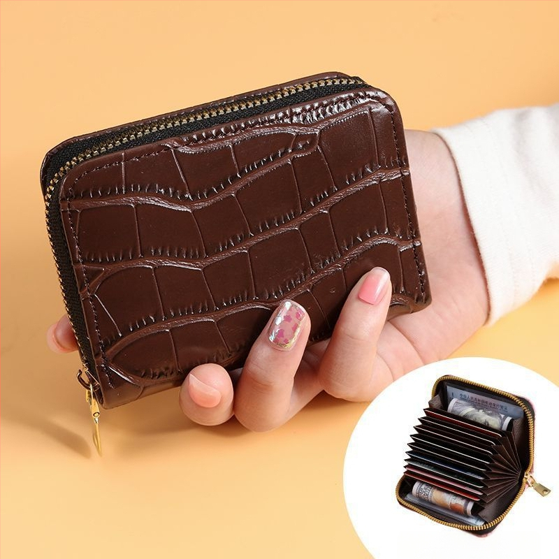 Moteriškas kortelių dėklas su užtrauktuku - PU oda, raidžių raštas, keli kortelių skyreliai, didelis talpa, 2023 m. vasara, kasdieniam naudojimui