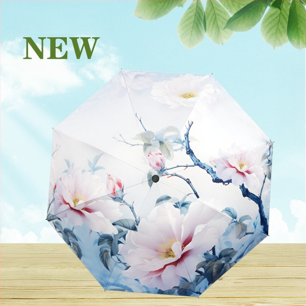 Skėtis su skaitmenine spauda, UPF >40 UV apsauga, 8-ribinis plieno rėmas, 190T audinys, rankinis atidarymas ir uždarymas, plastikinė rankenėlė