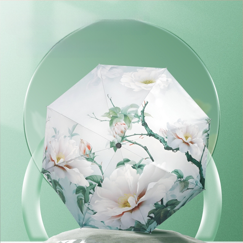 Skėtis su skaitmenine spauda, UPF >40 UV apsauga, 8-ribinis plieno rėmas, 190T audinys, rankinis atidarymas ir uždarymas, plastikinė rankenėlė