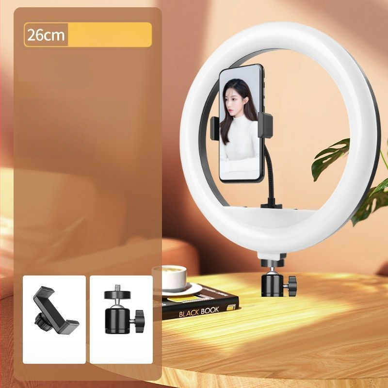 Tālruņa turētājs ar apgaismojumu un statīvu skaistumam tiešraidei, metāla korpuss ar elektroplatinga apdari, maigā gaismas plūsma acu aizsardzībai, iekšējai fotografēšanai