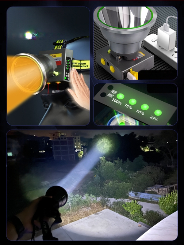 Galvos žibintuvas su 18650 Li-ion baterija, atsparus vandeniui, spindulio nuotolis ≥3000 m, veikimo laikas 36 h, svoris 364 g