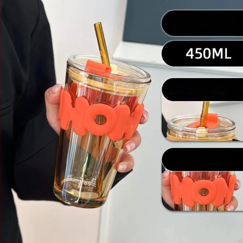 Стъклена чашка със сламка — модерен минималистичен стил, печат на лого, натриево-калциево стъкло, еднослойна конструкция, запечатана и без протичане.