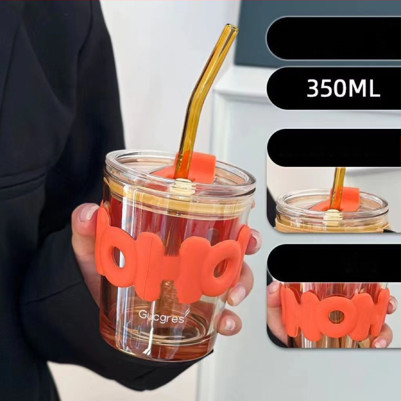 Стъклена чашка със сламка — модерен минималистичен стил, печат на лого, натриево-калциево стъкло, еднослойна конструкция, запечатана и без протичане.