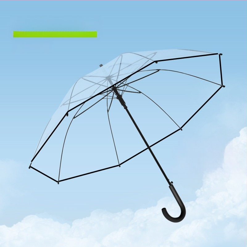 Dlhý dážnik s držadlom a 16 výstuhami, automatické otváranie, priehľadný PVC poťah, rovná tyč, tlač loga a prispôsobenie