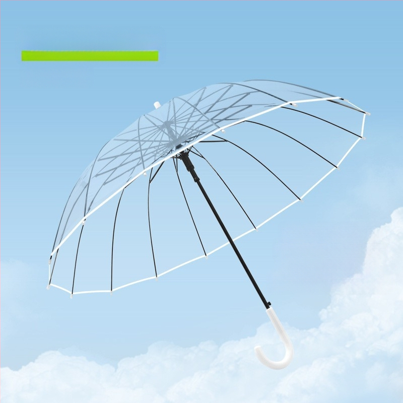 Dlhý dážnik s držadlom a 16 výstuhami, automatické otváranie, priehľadný PVC poťah, rovná tyč, tlač loga a prispôsobenie