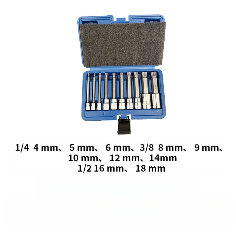 Пневматичен авторемонтен комплект гнезда, 12 части, набраздени повърхности, MF марка, инструментална стомана S2, матово покритие