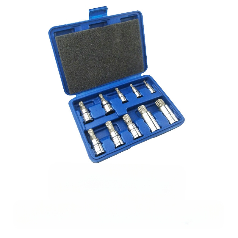 Пневматичен авторемонтен комплект гнезда, 12 части, набраздени повърхности, MF марка, инструментална стомана S2, матово покритие