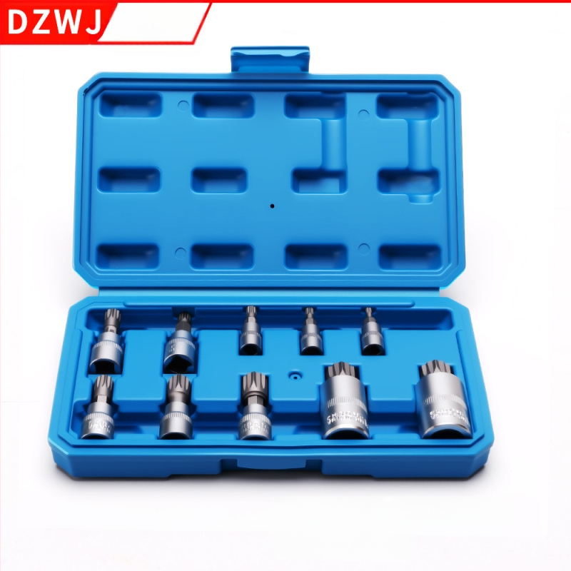 Пневматичен авторемонтен комплект гнезда, 12 части, набраздени повърхности, MF марка, инструментална стомана S2, матово покритие